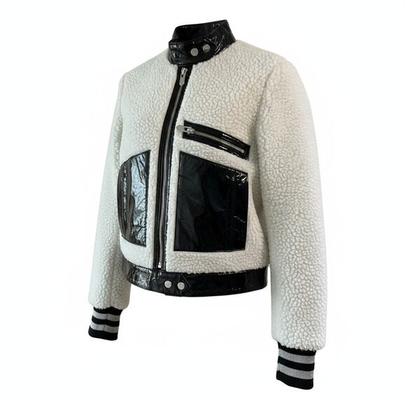Handmade Black & White Shearling Moto Jacket Patent Leather Contrast, Cropped - Picture 10 of 16